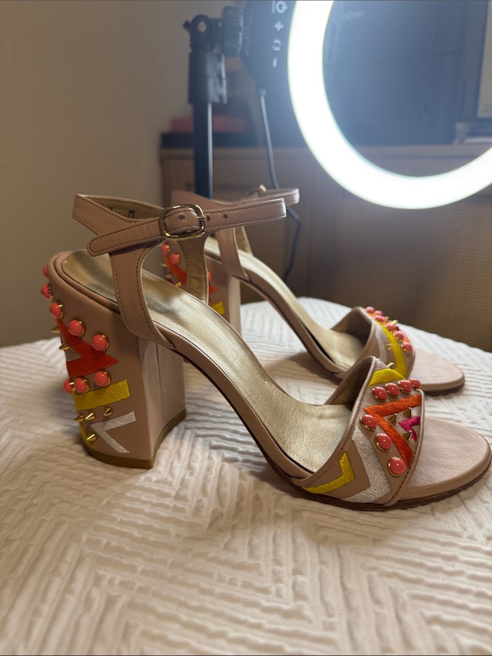 Stuart Weitzman Nude (blush) Block Heel Sandals with Coral and Yellow Accents
